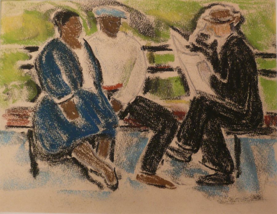 Ethel Ashton - UNTITLED - PARK BENCH WITH COUPLE AND NEWSPAPER READER