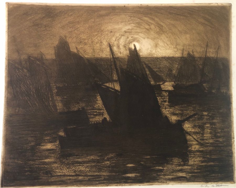 Charles Cottet - Barques de peche, soleil couchant; soir dans le port (grande planche)
