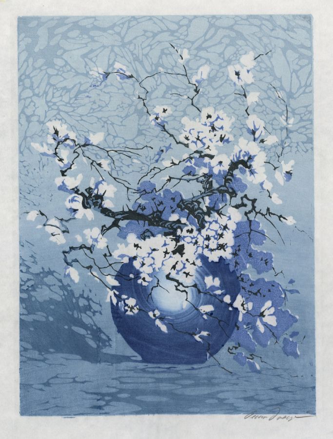 Oscar Droege - Ikebana - White Blossoms in a Blue Vase