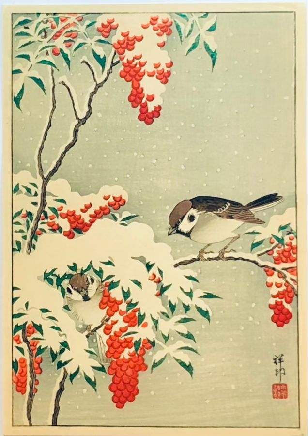 Ohara Koson - Two tree sparrows on a snow covered Nandina